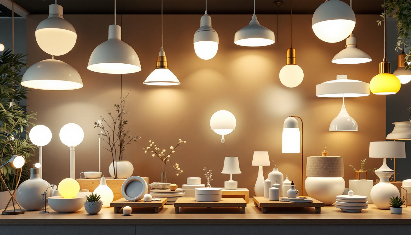 A photograph of a beautifully arranged display of various white light fixtures
