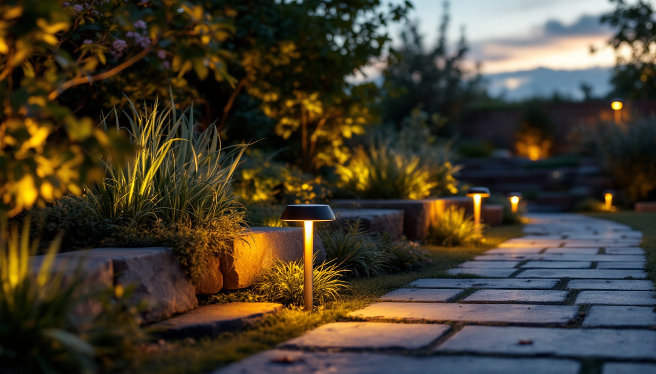 A photograph of capture a photograph of a beautifully landscaped outdoor space at dusk