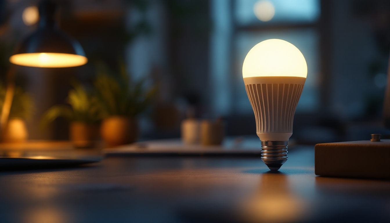 A photograph of a 13w led bulb illuminating a modern workspace