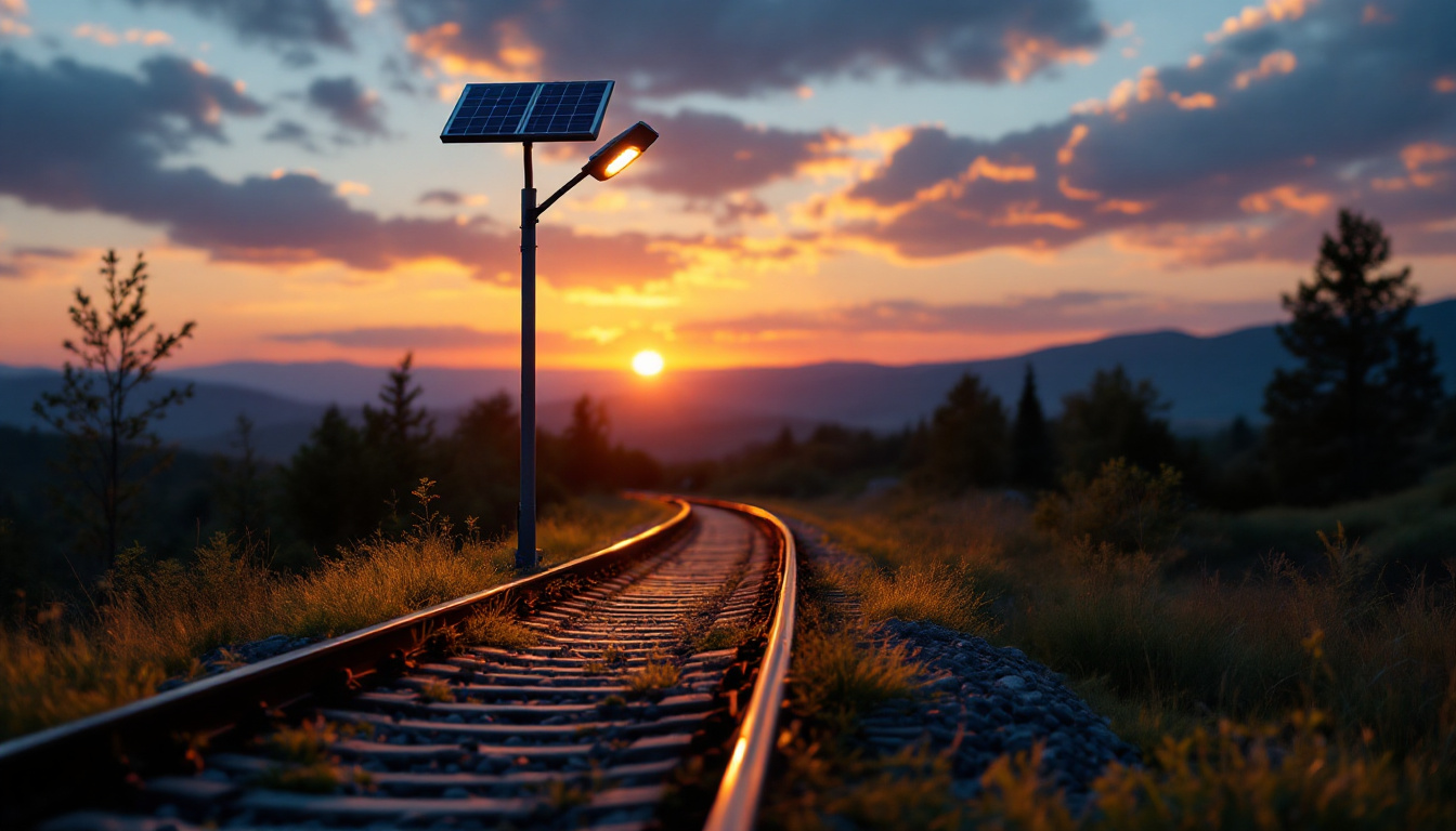 A photograph of a solar-powered rail light installed along a scenic railway track during dusk