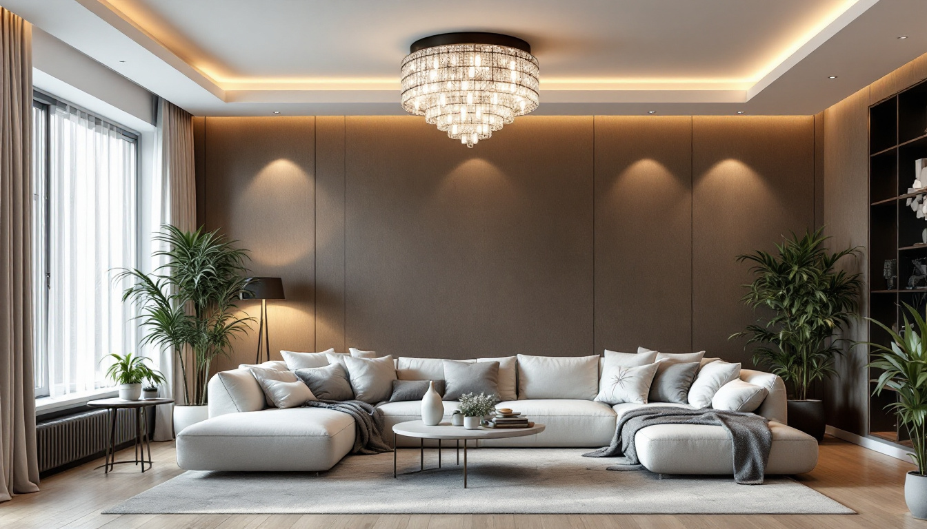 A photograph of a beautifully designed living room featuring a variety of ceiling light fixtures