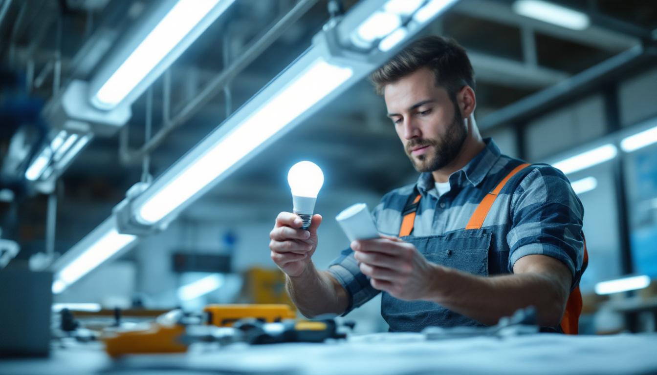 A photograph of a skilled electrical engineer examining a t12 fluorescent light fixture while holding a led replacement bulb