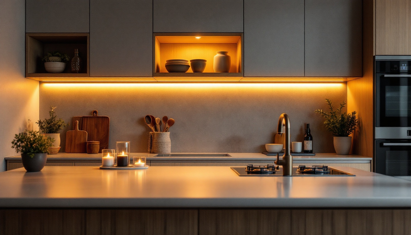 A photograph of a stylish kitchen or cabinetry illuminated by warm led cabinet lights