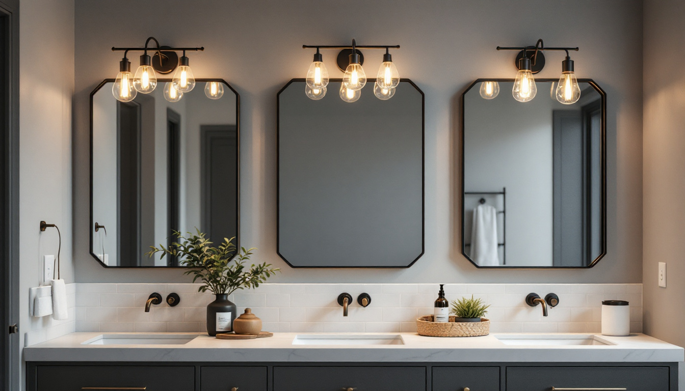 A photograph of a stylish bathroom featuring a variety of vanity light fixtures
