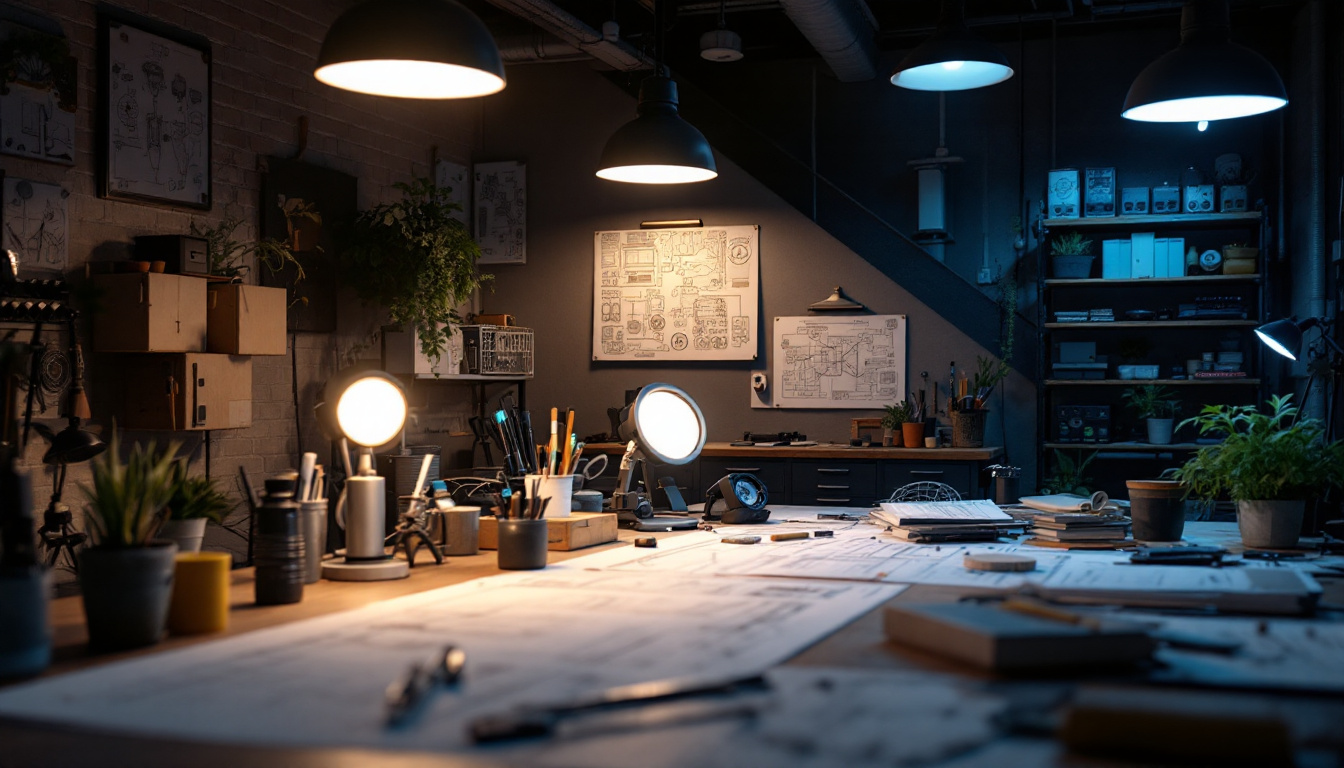 A photograph of a well-lit engineering workspace showcasing various lighting projects