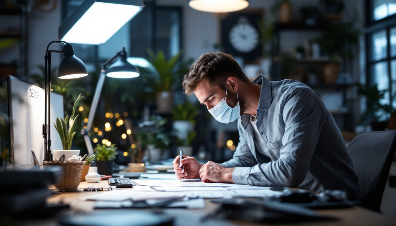 A photograph of a lighting engineer examining a well-lit workspace