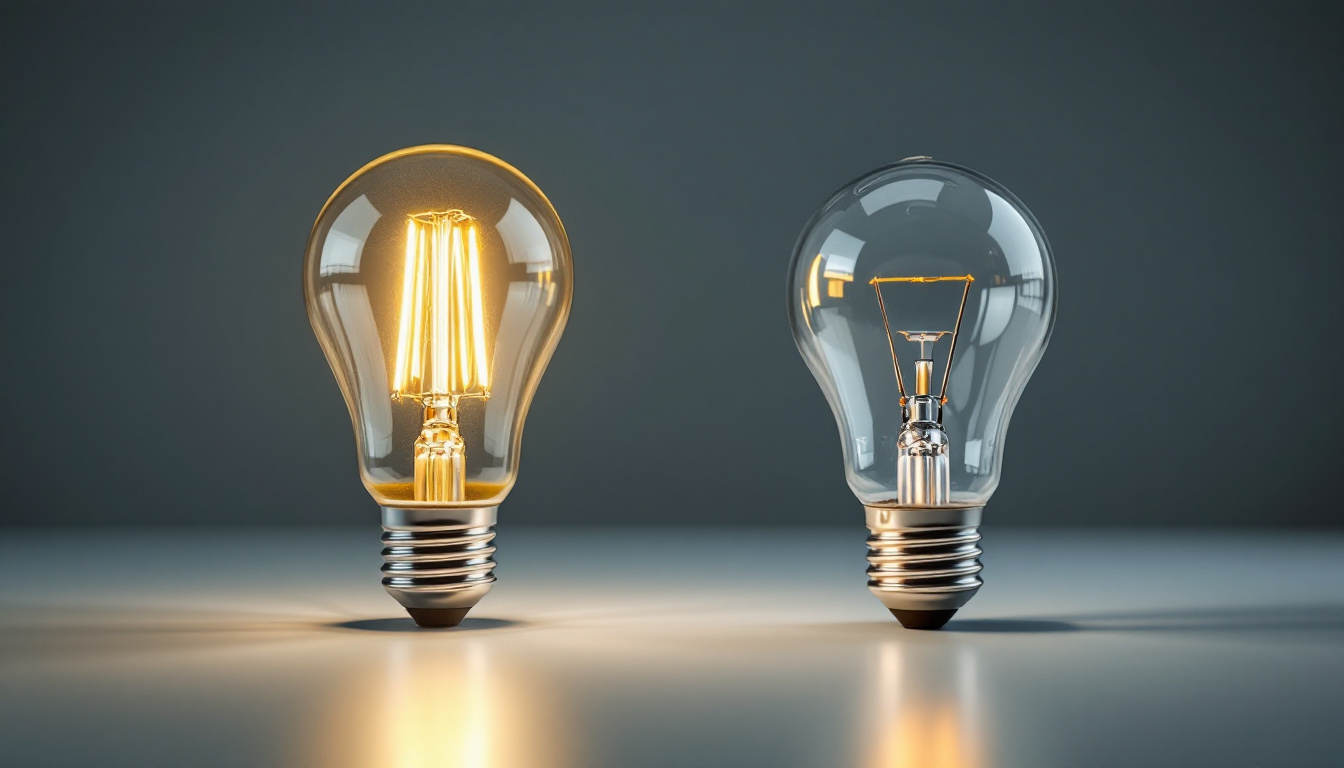 A photograph of a close-up comparison of led bulbs and traditional incandescent bulbs