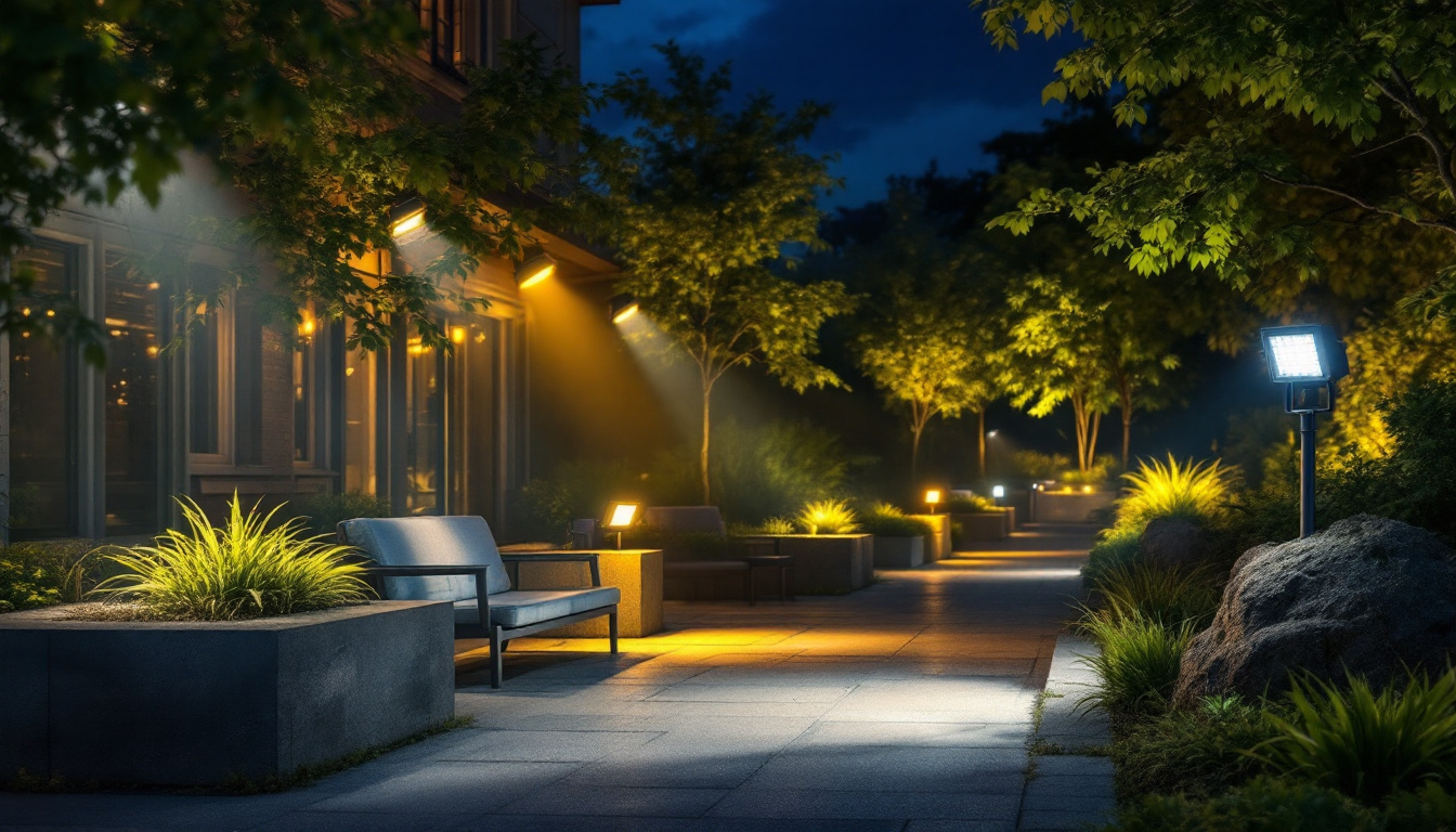 A photograph of a beautifully illuminated outdoor space at night