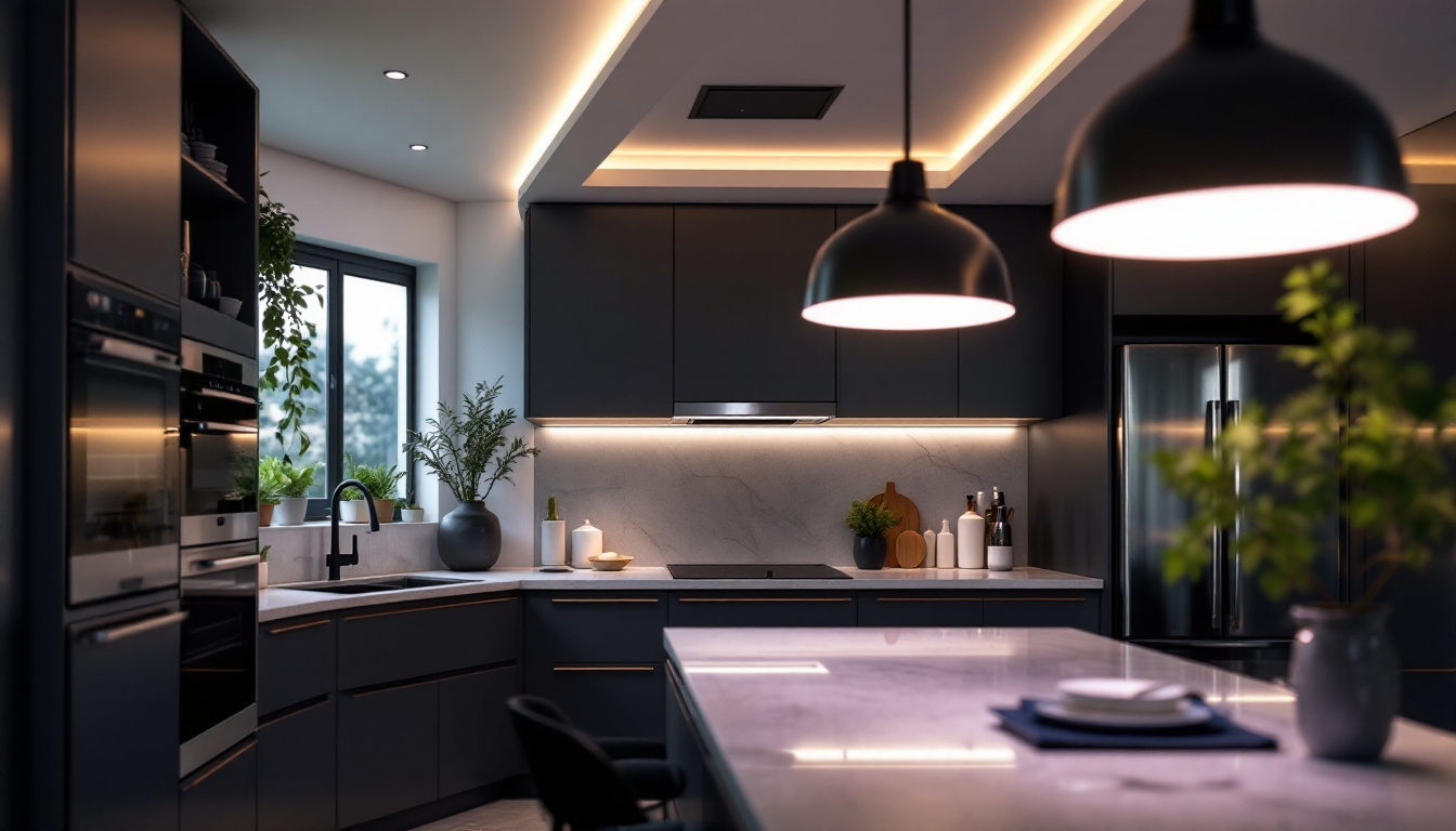 A photograph of a modern kitchen featuring stylish ceiling led lighting