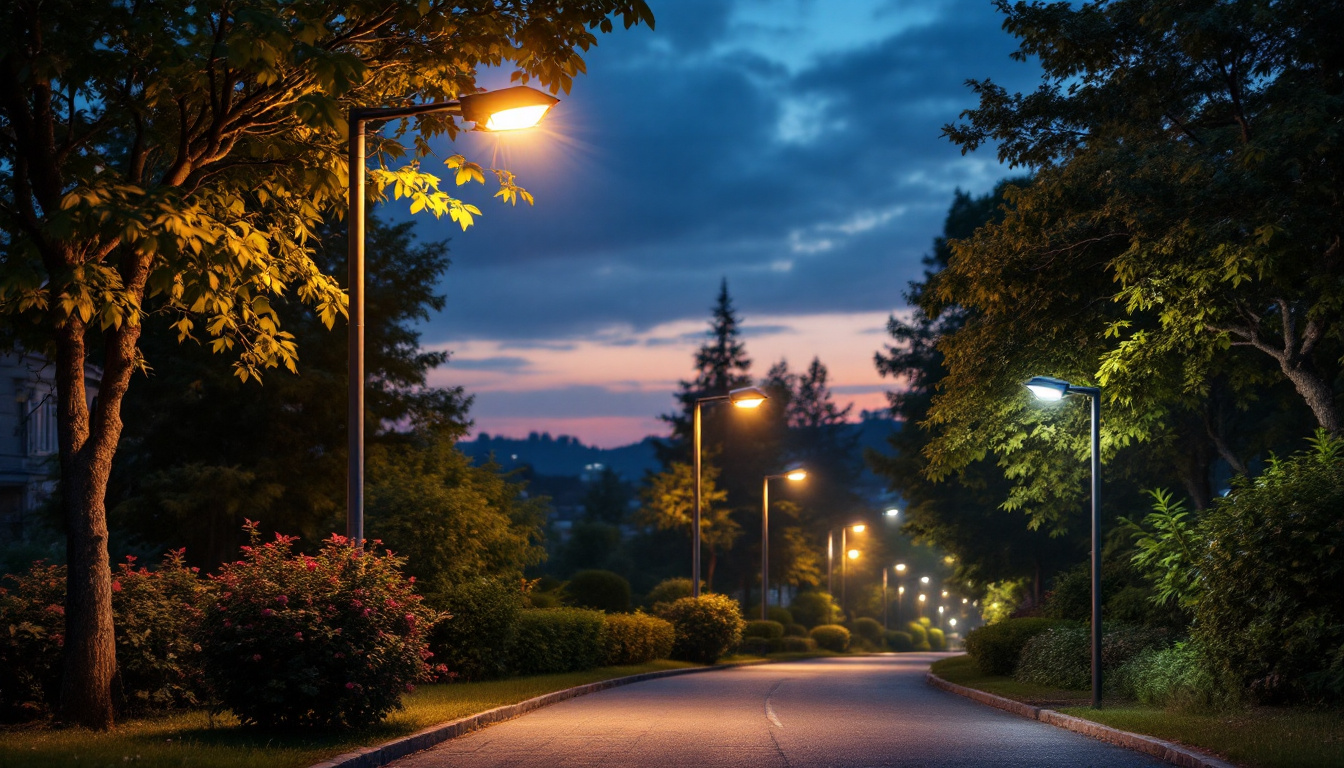 A photograph of a well-lit outdoor scene featuring various types of lights (such as streetlights
