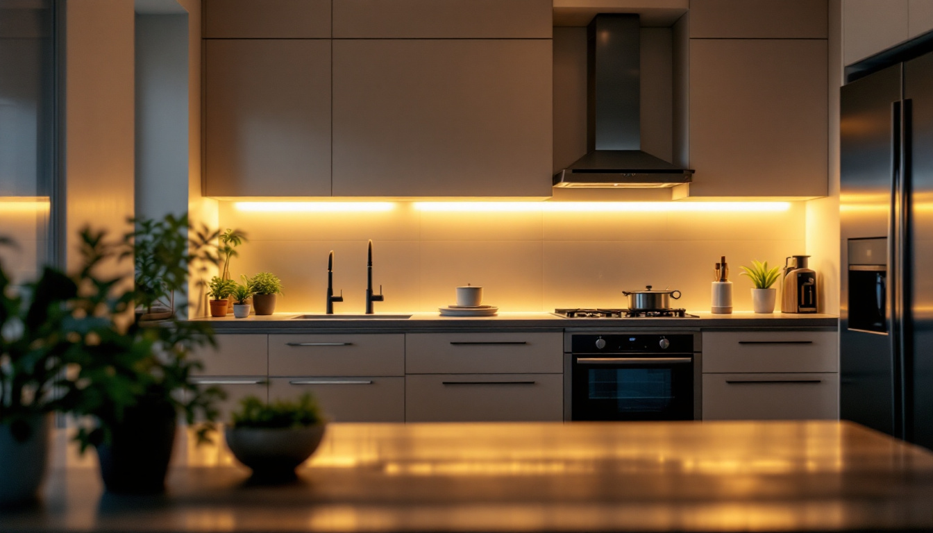 A photograph of a beautifully illuminated kitchen featuring led lights installed under the cabinets