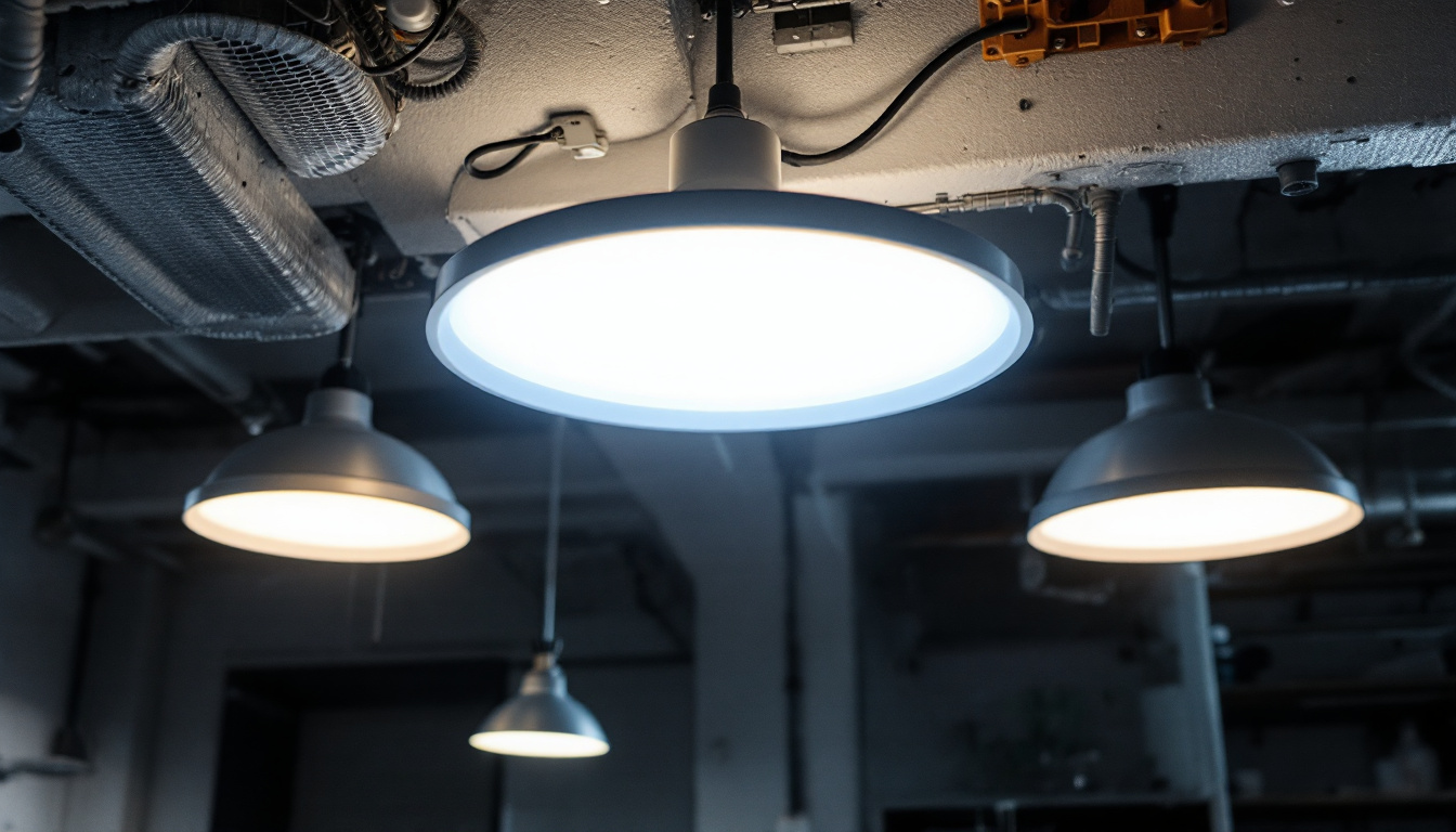 A photograph of a well-designed ceiling light fixture in an engineering workspace
