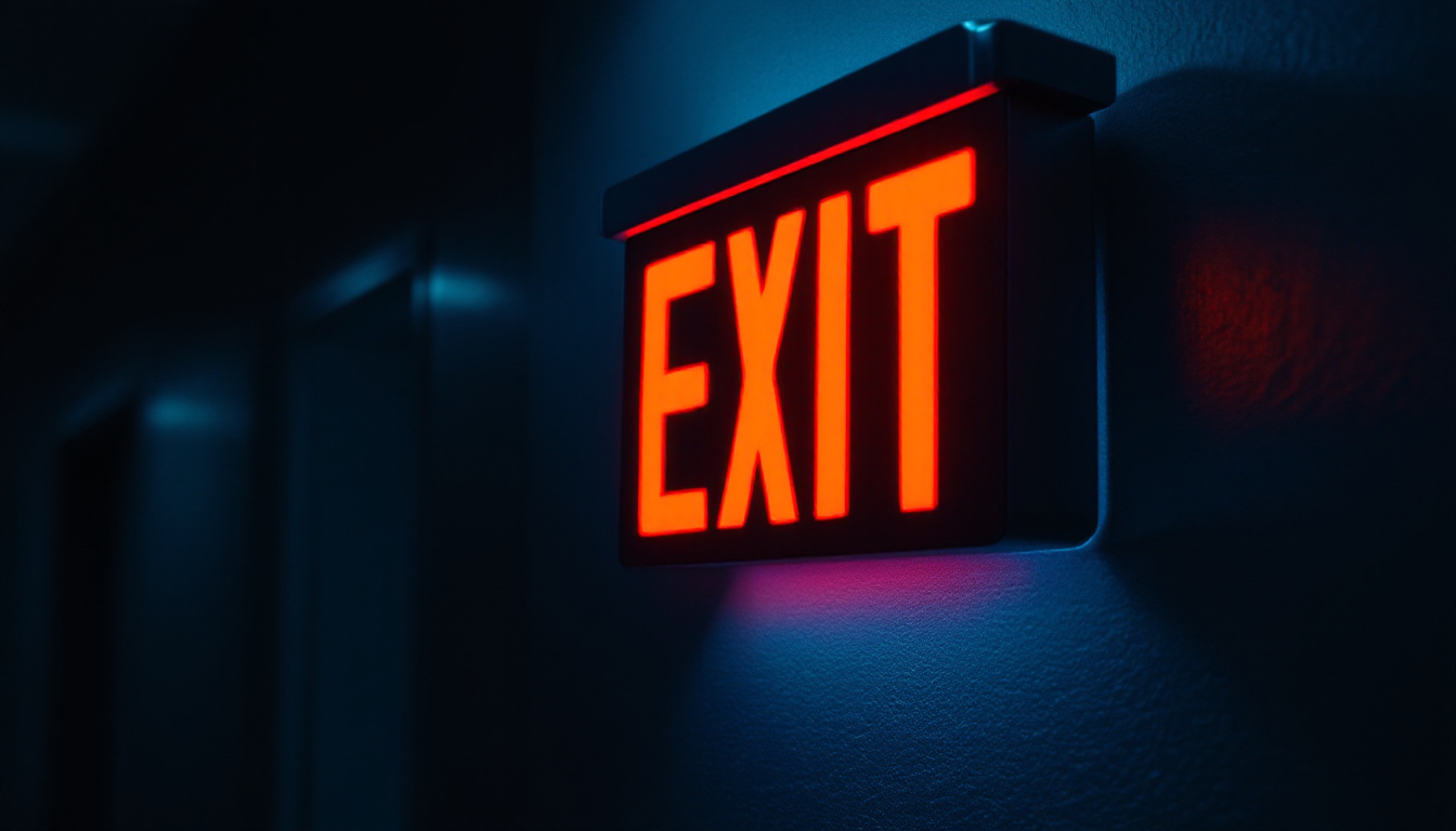 A photograph of a well-lit exit sign featuring led lights in a dimly lit corridor