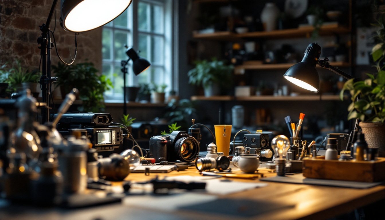 A photograph of a well-lit workspace showcasing various lighting supplies