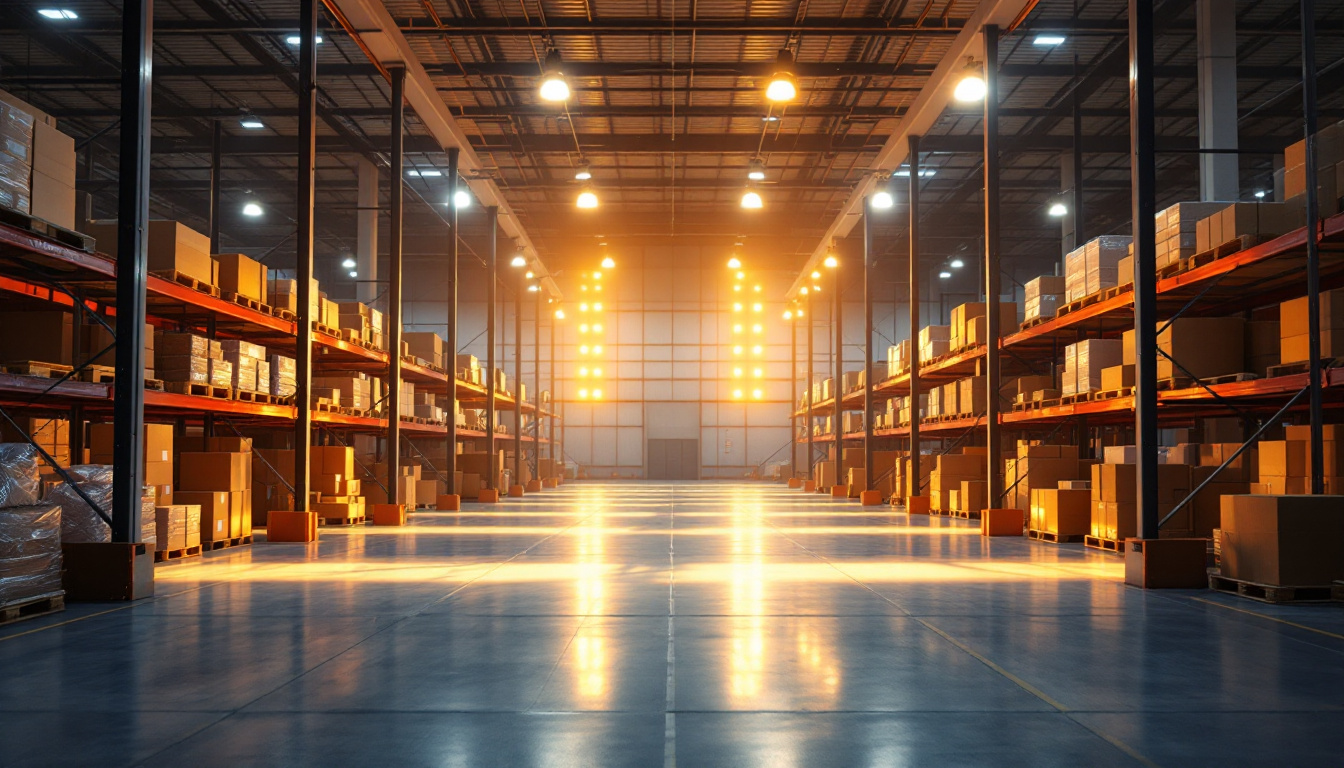 A photograph of a well-lit warehouse interior showcasing effective lighting solutions