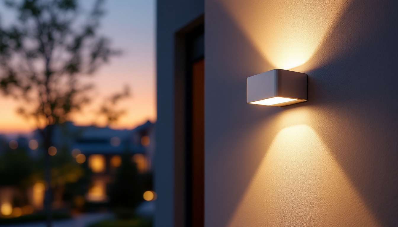 A photograph of a stylish wall-mounted exterior led light fixture illuminating a modern architectural facade during twilight