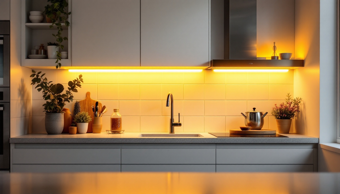 A photograph of a beautifully illuminated kitchen space featuring sleek 12v under cabinet lighting