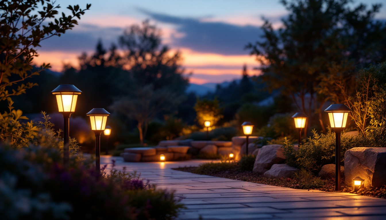 A photograph of a beautifully illuminated outdoor space featuring various styles of solar lights