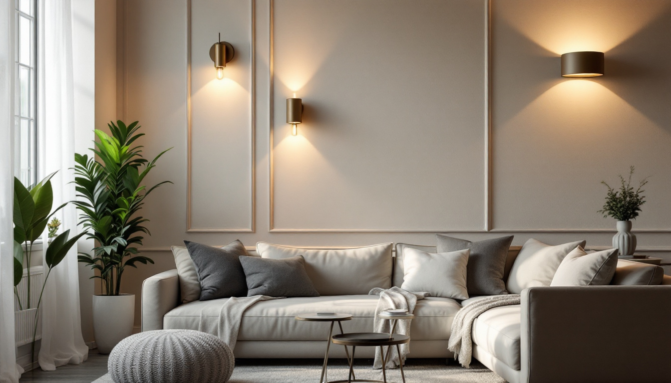 A photograph of a stylishly arranged interior scene featuring various discount wall sconces in different styles and finishes