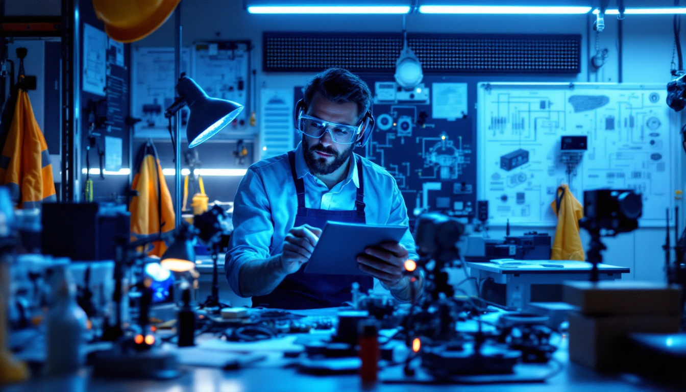 A photograph of a well-lit workspace showcasing an electrical engineer examining various uv light sources and equipment