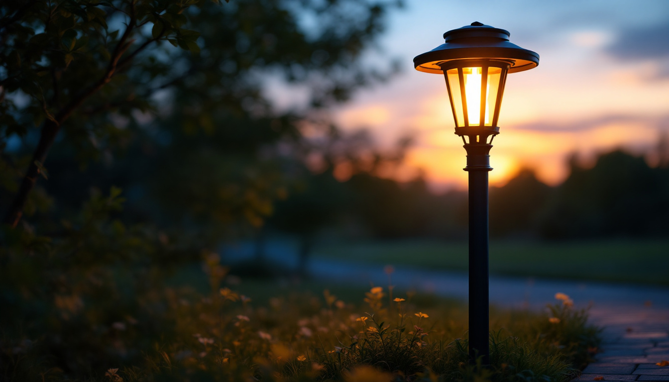 A photograph of a beautifully illuminated solar lighted lamp post in a serene outdoor setting during twilight