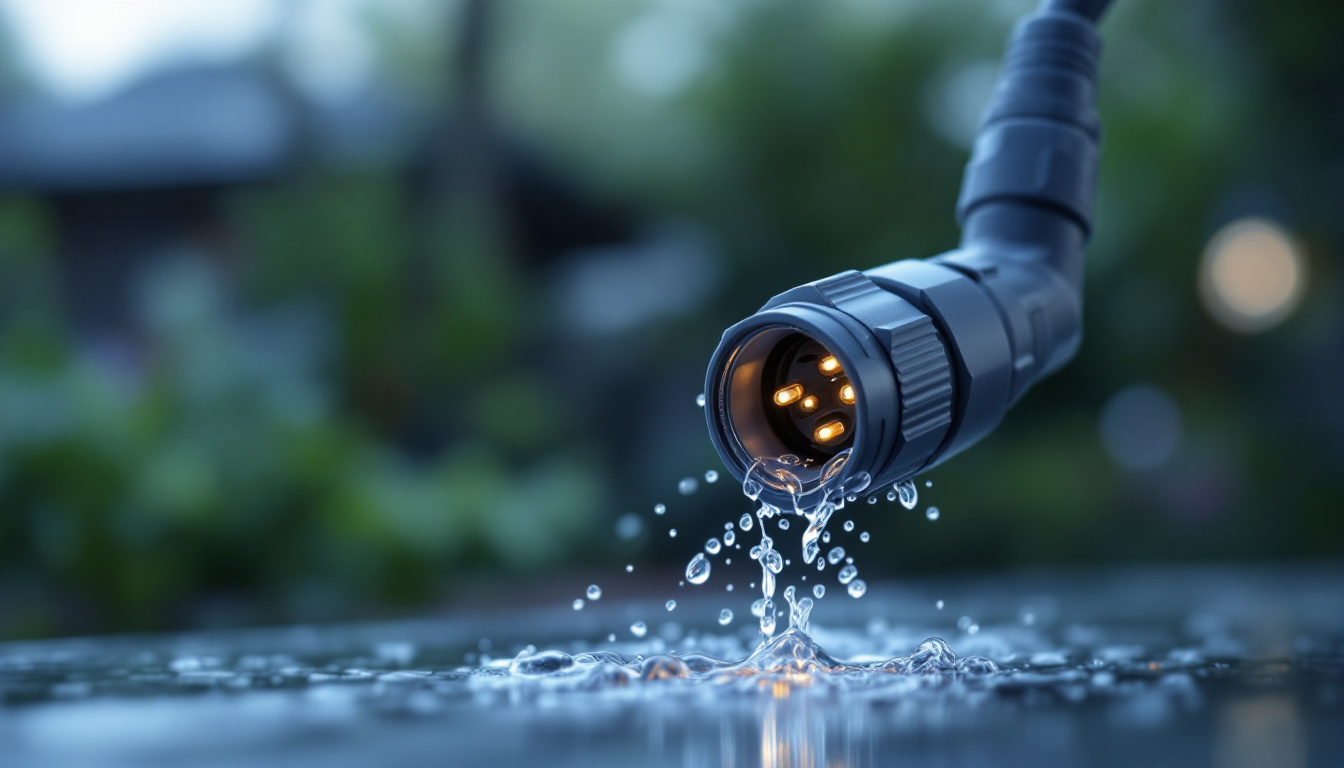 A photograph of a close-up shot of a waterproof electrical connector in a lighting application