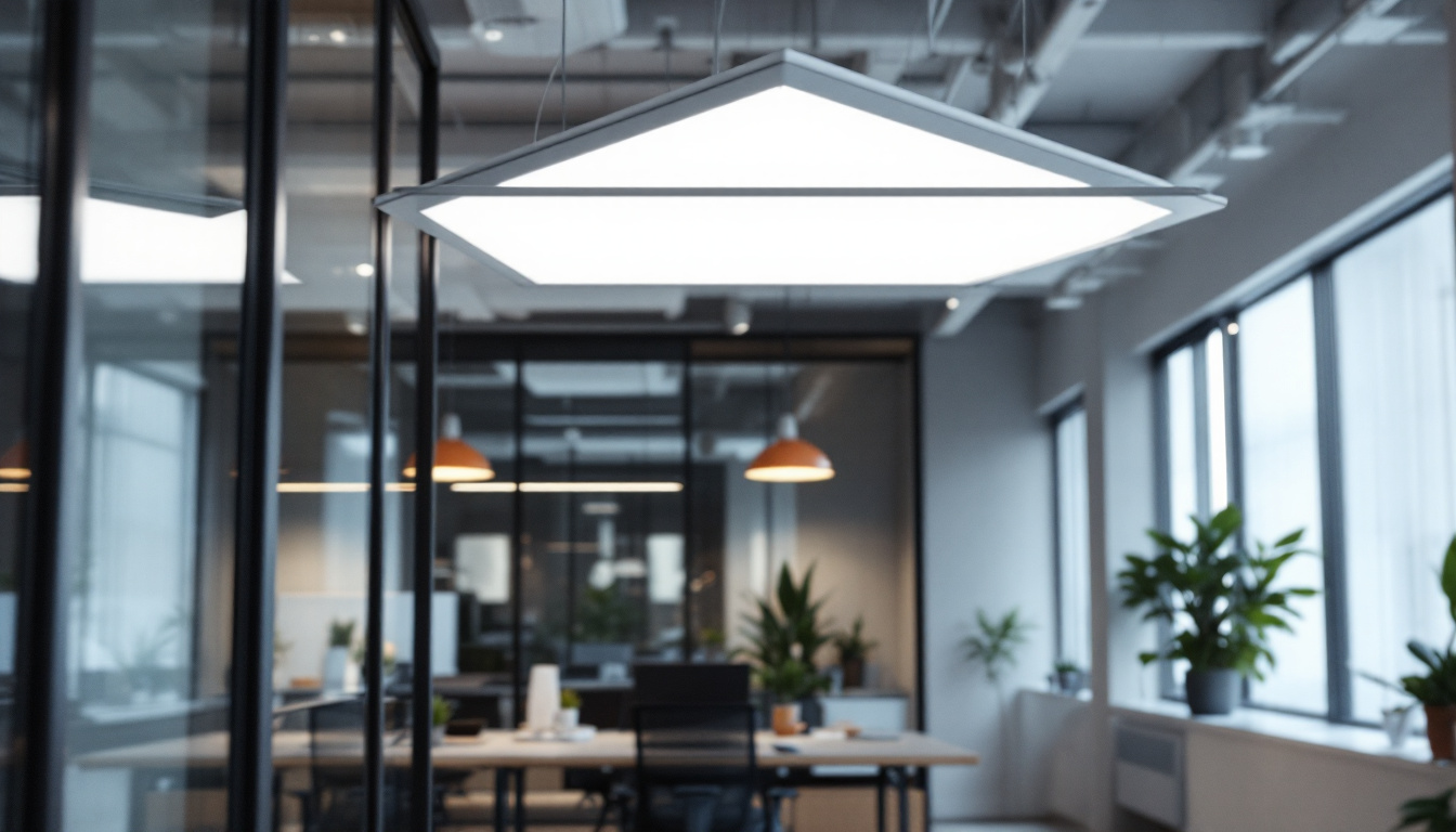 A photograph of a sleek 1x4 led flat panel light installed in a modern office or workspace