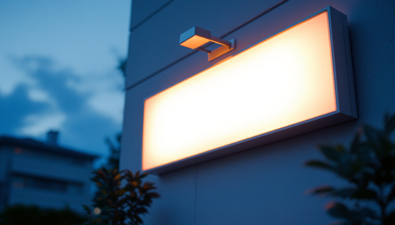 A photograph of an illuminated exterior sign at dusk