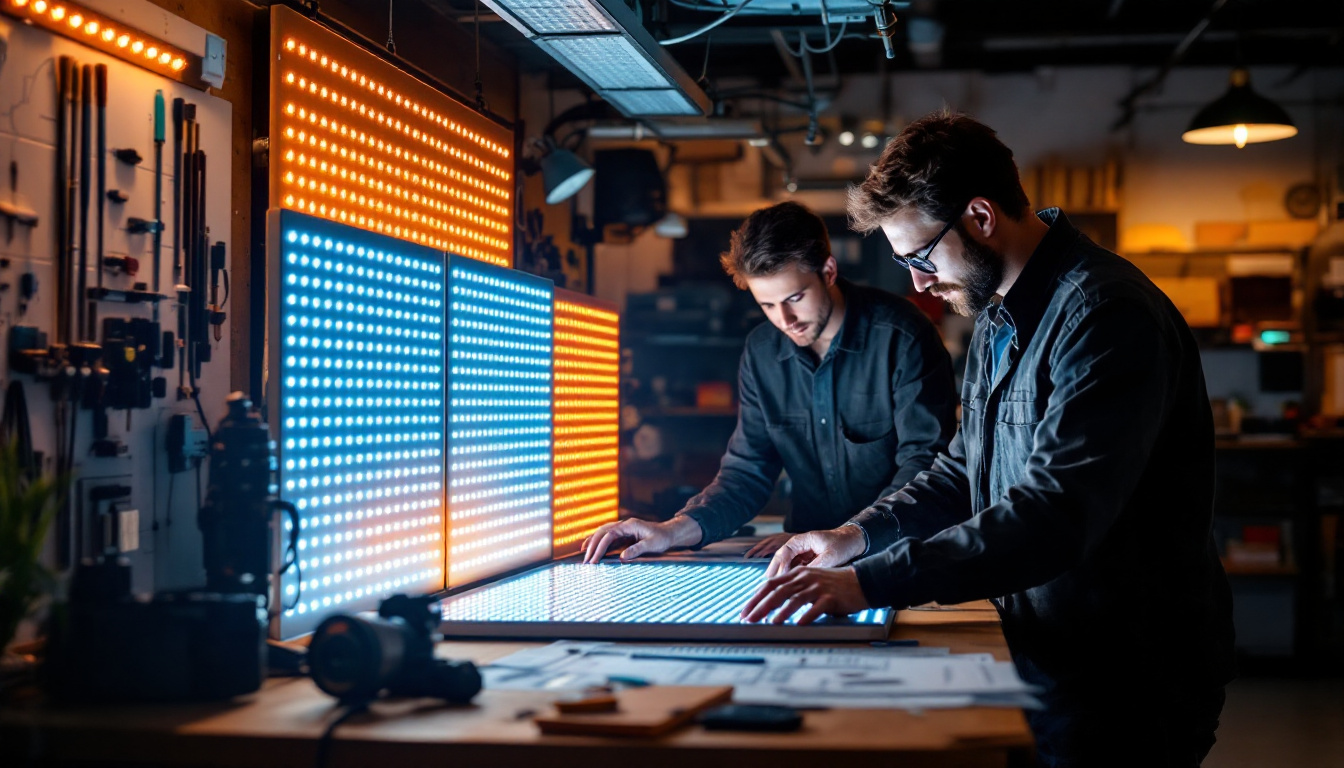 A photograph of a well-lit workspace featuring engineers examining 2x4 led panels