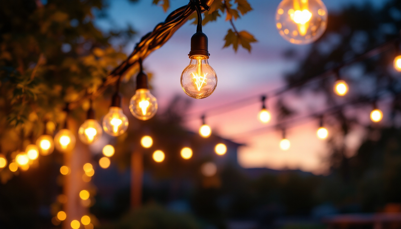 A photograph of a beautifully illuminated outdoor space featuring commercial-grade string lights