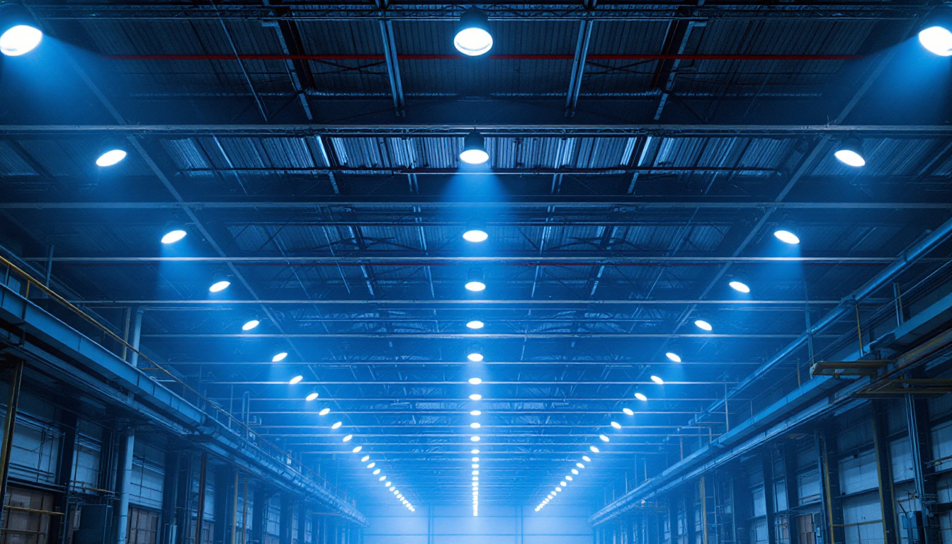A photograph of a well-lit highbay lighting installation in an industrial or commercial setting