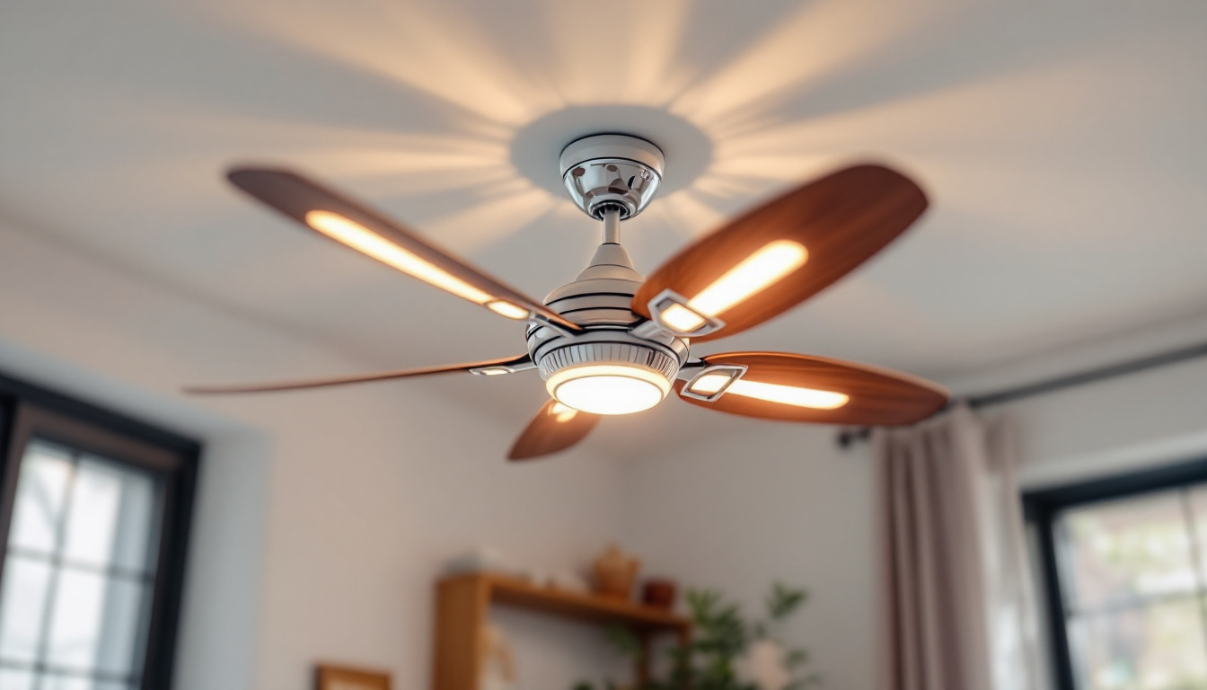 A photograph of a stylish ceiling fan with visible parts and integrated lighting