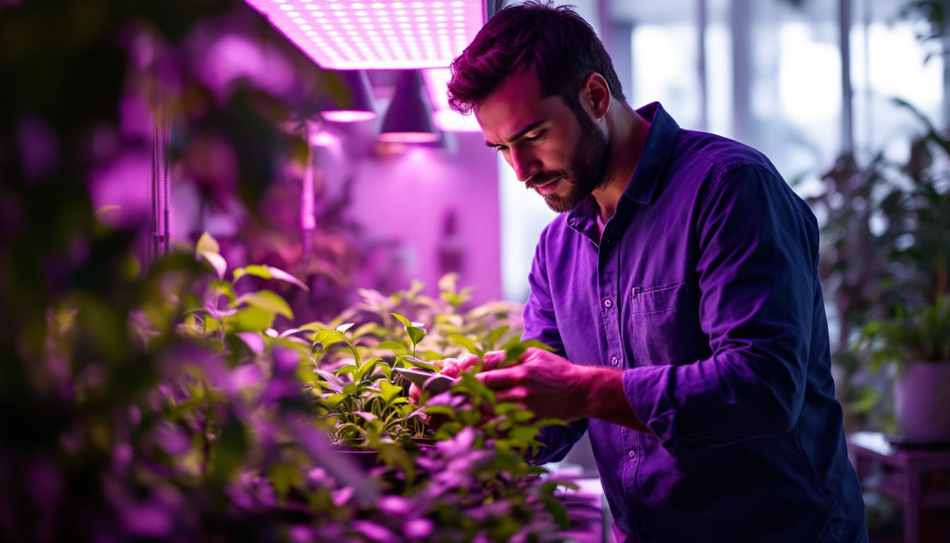A photograph of a lighting engineer analyzing the spectrum and intensity of commercial led grow lights in a well-lit indoor garden setting