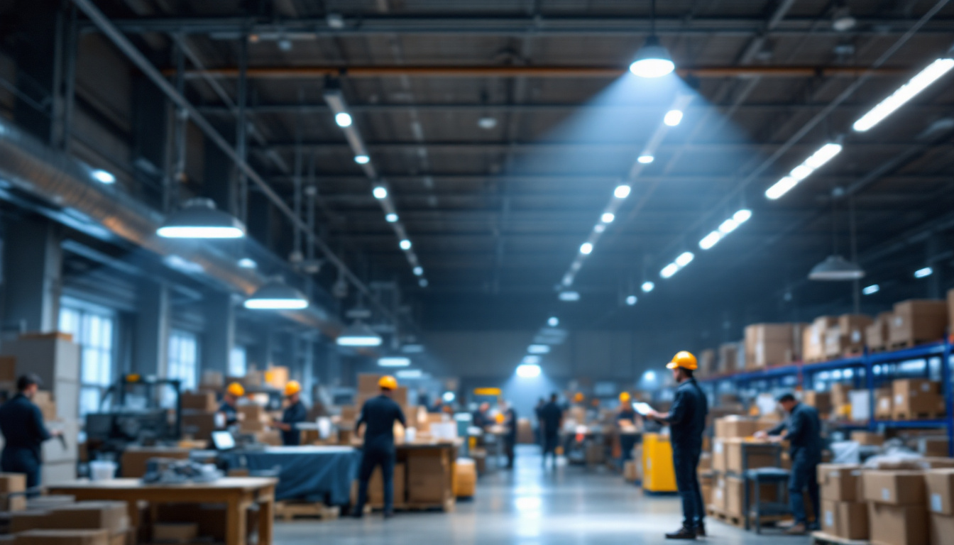 A photograph of a well-lit warehouse interior showcasing led lighting fixtures in action