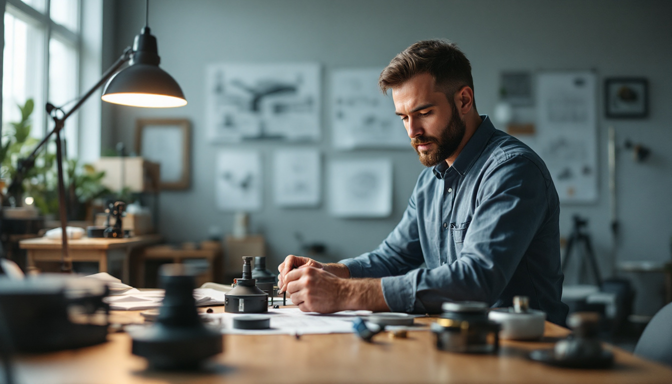 A photograph of a well-lit workspace featuring an engineer examining and assembling various ceiling fan parts