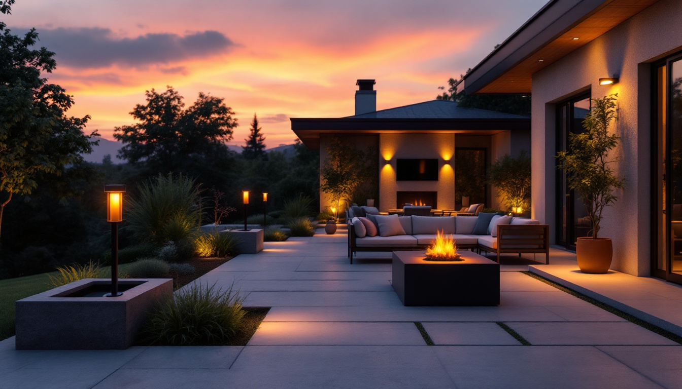 A photograph of a beautifully designed patio at dusk