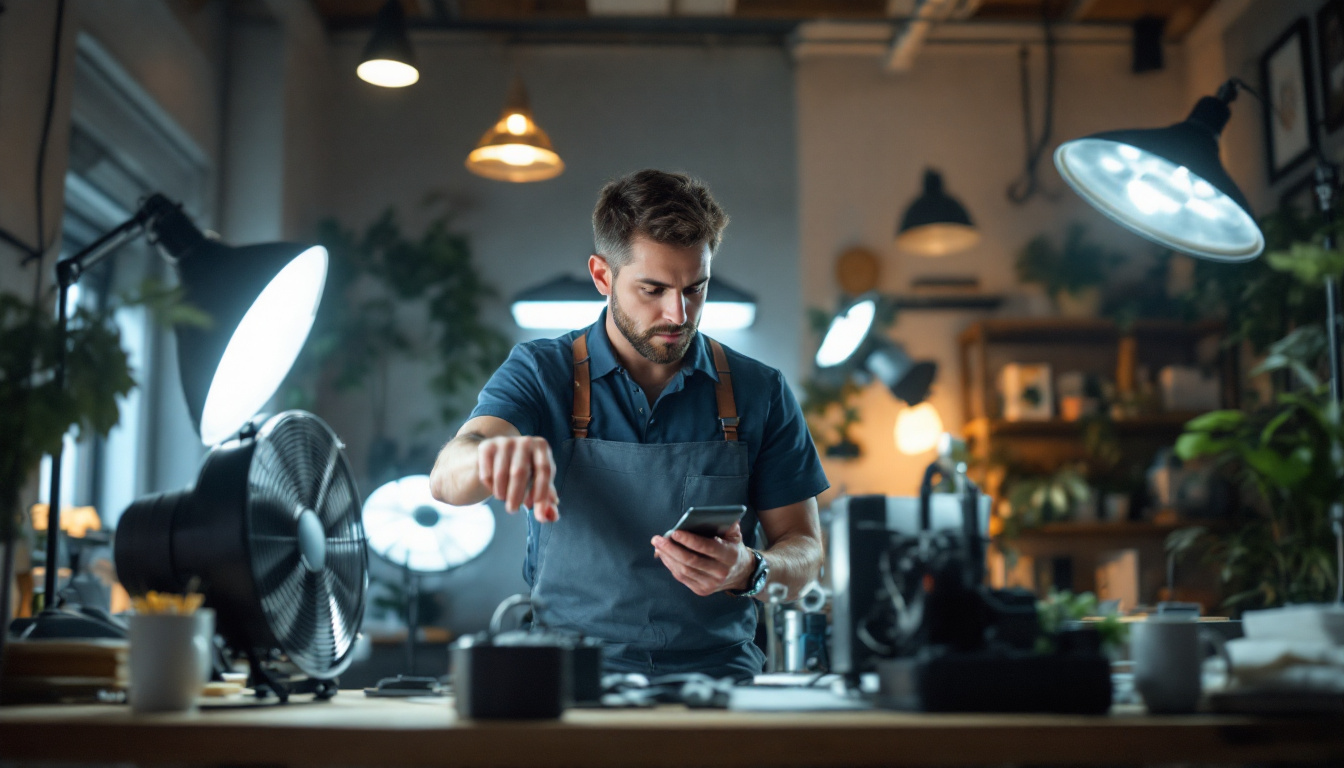 A photograph of a lighting engineer analyzing the optimal placement and size of industrial fans in a well-lit workspace