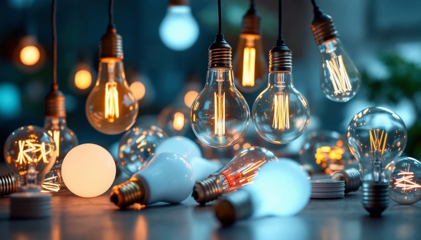 A photograph of a beautifully arranged display of various decorative light bulbs in different styles and colors