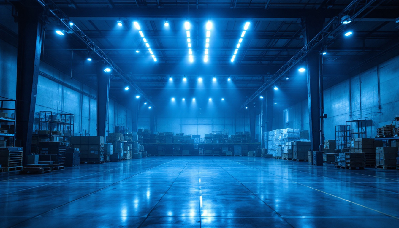A photograph of a modern warehouse interior showcasing various led lighting solutions in action
