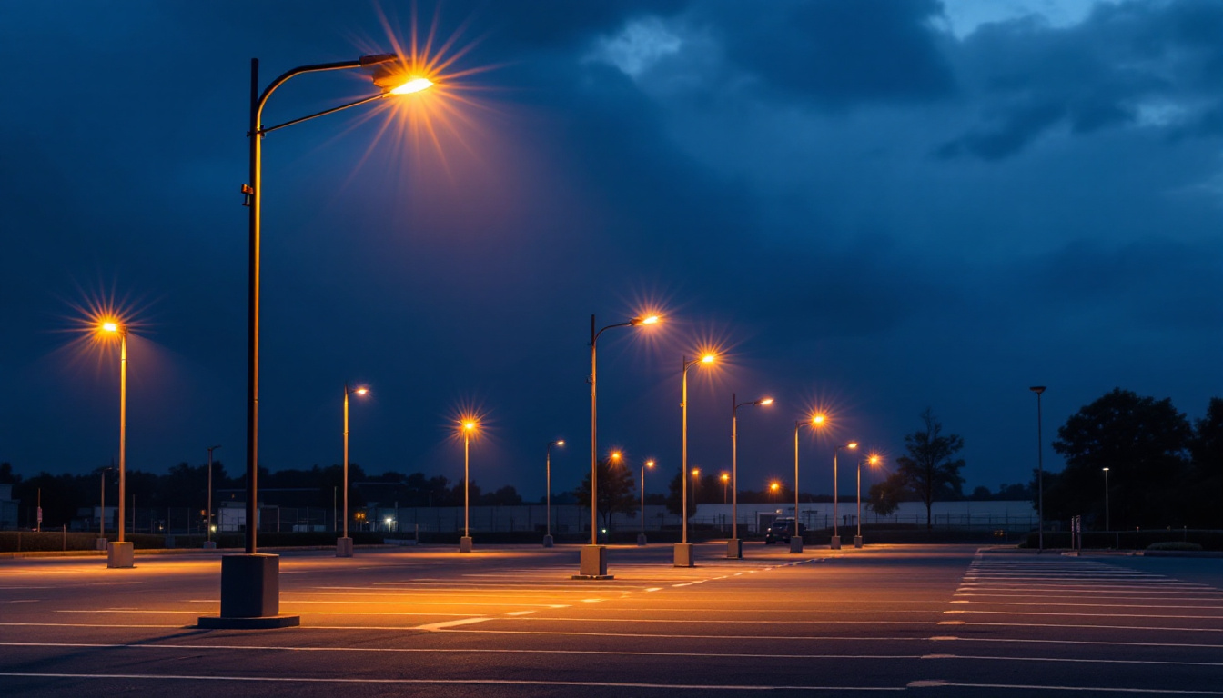 A photograph of a well-lit parking lot showcasing pole lights in action during dusk