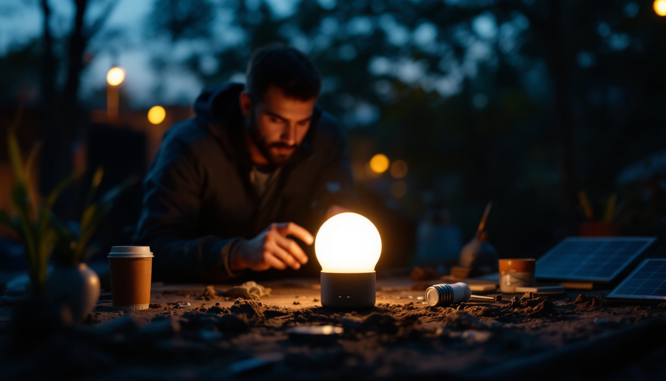 A photograph of a portable solar bulb in an outdoor setting