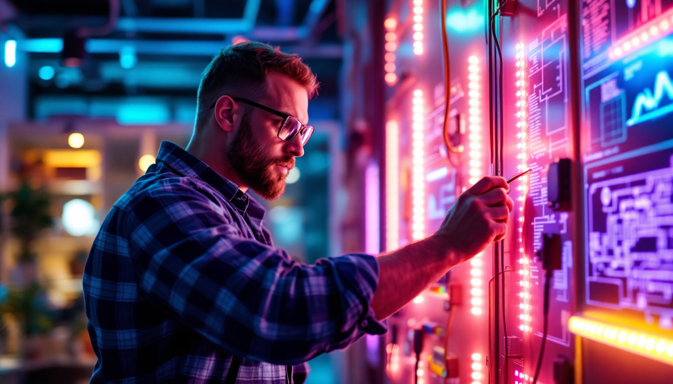 A photograph of a skilled electrical engineer working on a lighting project