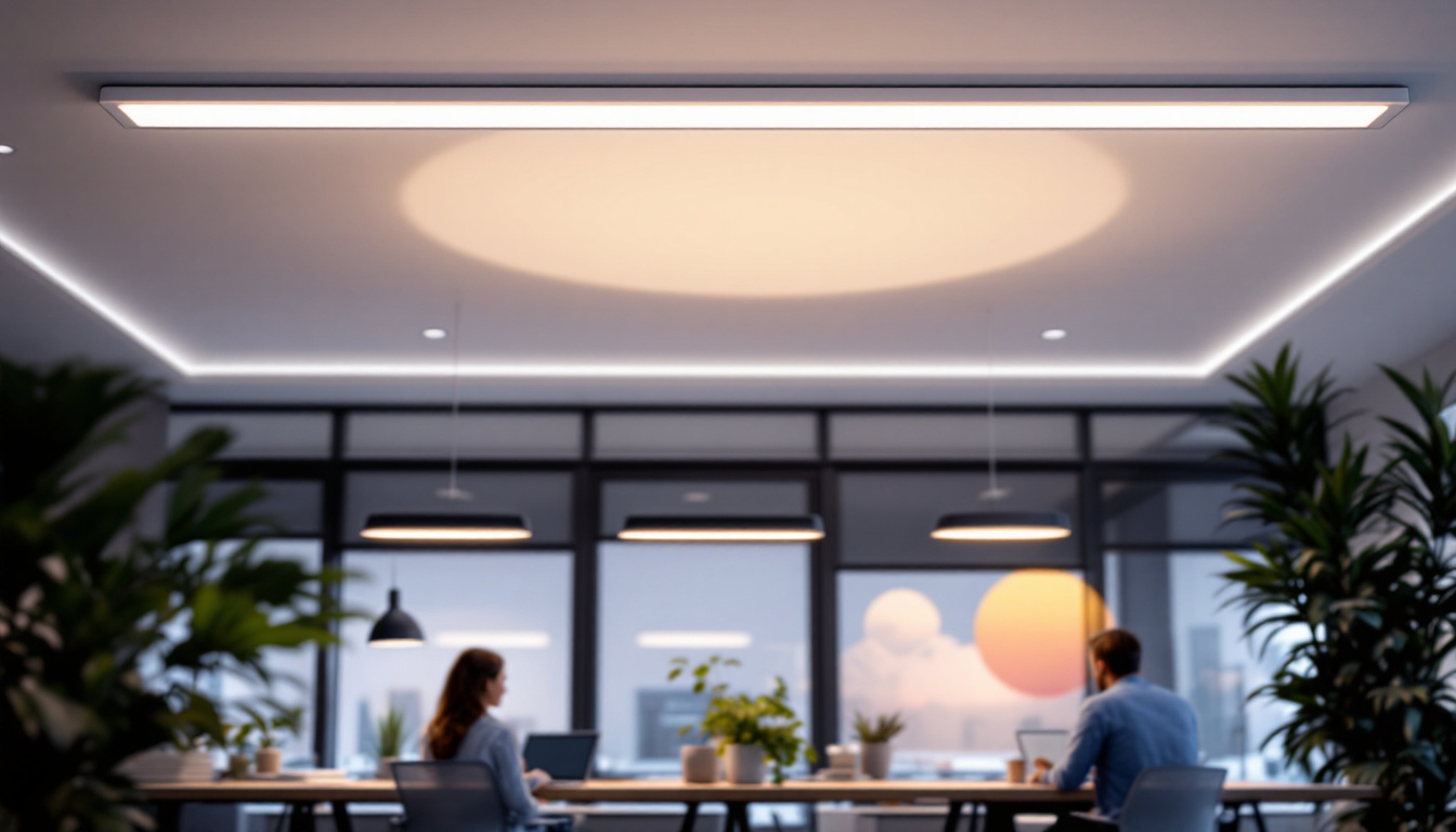 A photograph of a sleek 1x4 flat panel led light fixture installed in a modern workspace
