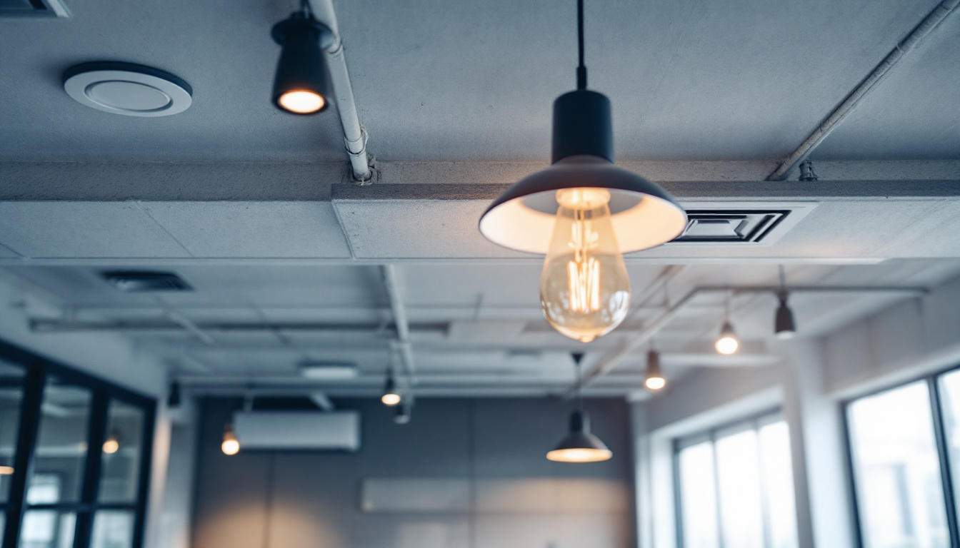 A photograph of a well-lit drop ceiling installation featuring modern light fixtures