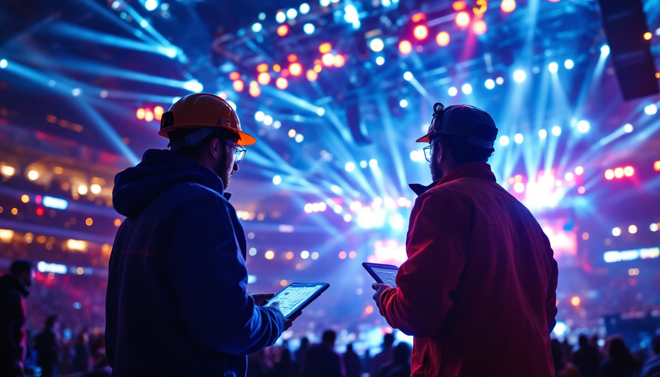 A photograph of capture a photograph of a modern arena illuminated by vibrant led lights