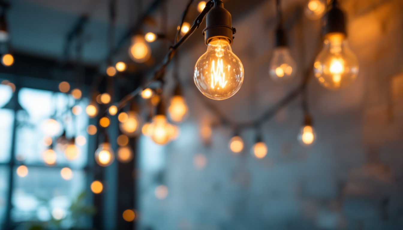 A photograph of a well-lit commercial space showcasing various types of light strings in use