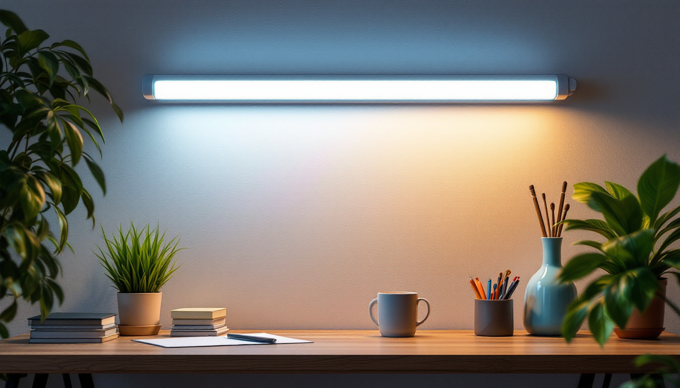 A photograph of a well-lit workspace featuring a plug-and-play led tube in use