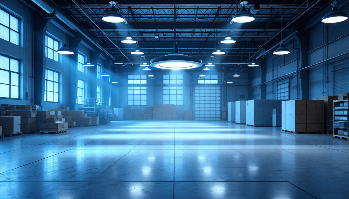 A photograph of a well-lit industrial space showcasing ufo led high bay lights in action