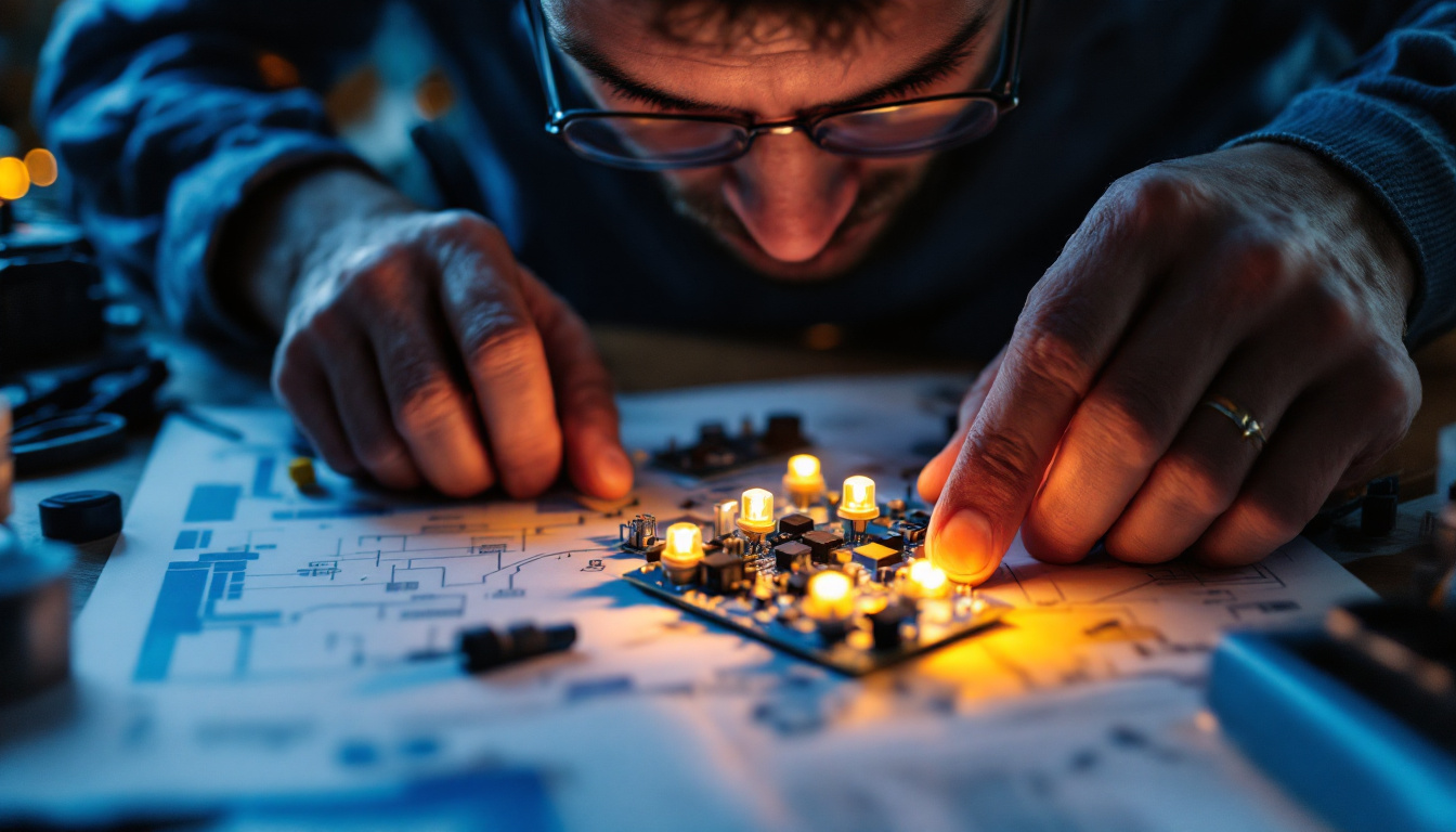 A photograph of a focused electrical engineer working on a circuit board with multiple led lights illuminated