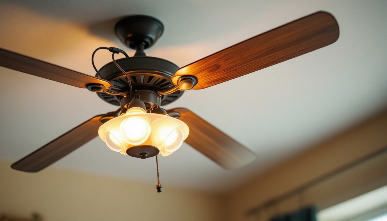 A photograph of a well-lit ceiling fan with an attached light kit